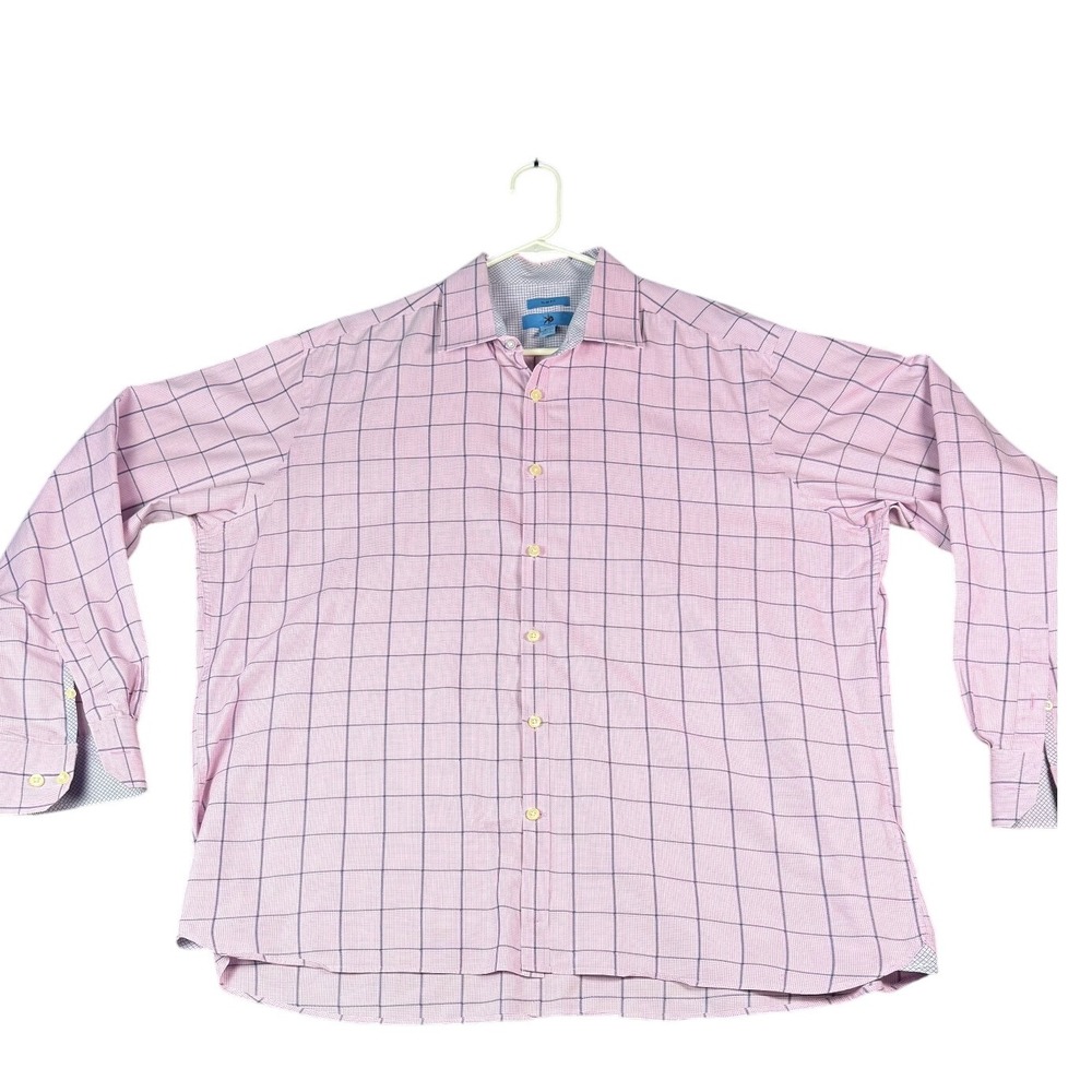 Egara Men's 2XL Pink Plaid Non Iron Stretch Button‎ Up Dress Shirt Slim Fit